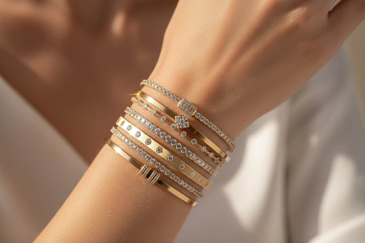 A model showcasing her hand with multiple gold bracelets studded with diamonds. The bracelets are sleek and elegant