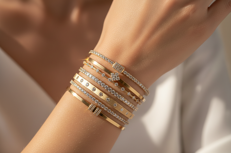 A model showcasing her hand with multiple gold bracelets studded with diamonds. The bracelets are sleek and elegant