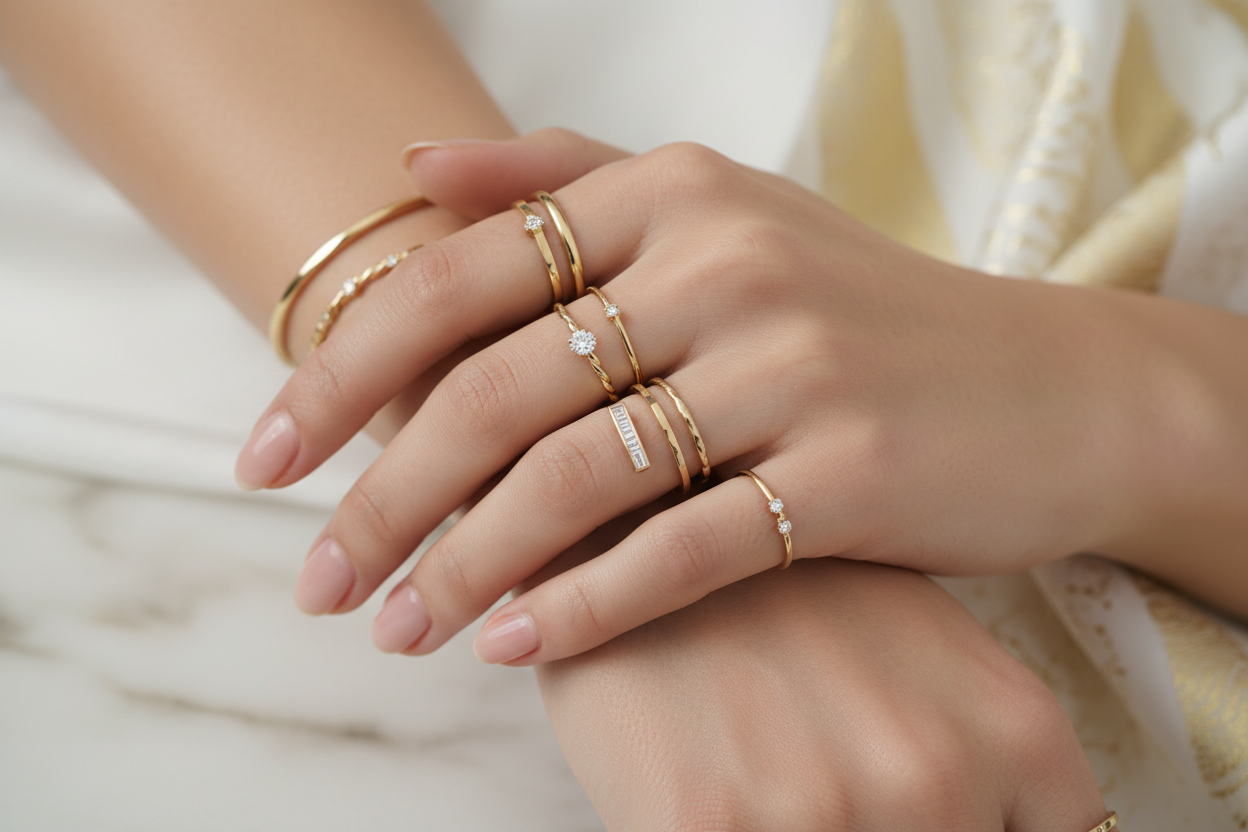 A model showcasing her hands with multiple rings in gold and diamonds. All rings are sleek and elegant. 